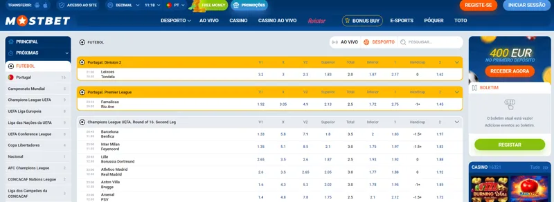 Linha de apostas de futebol na Mostbet Portugal