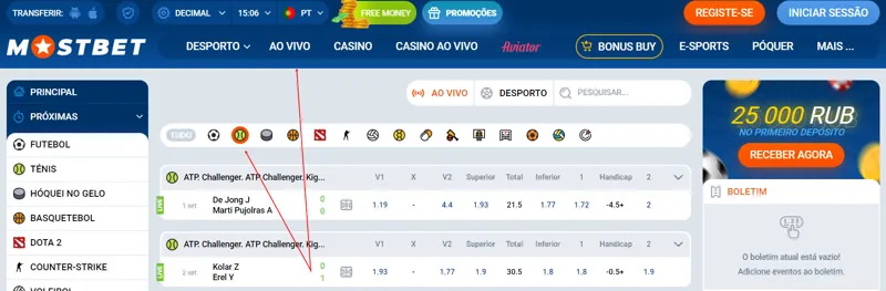 Linha ao vivo para ténis na Mostbet Portugal
